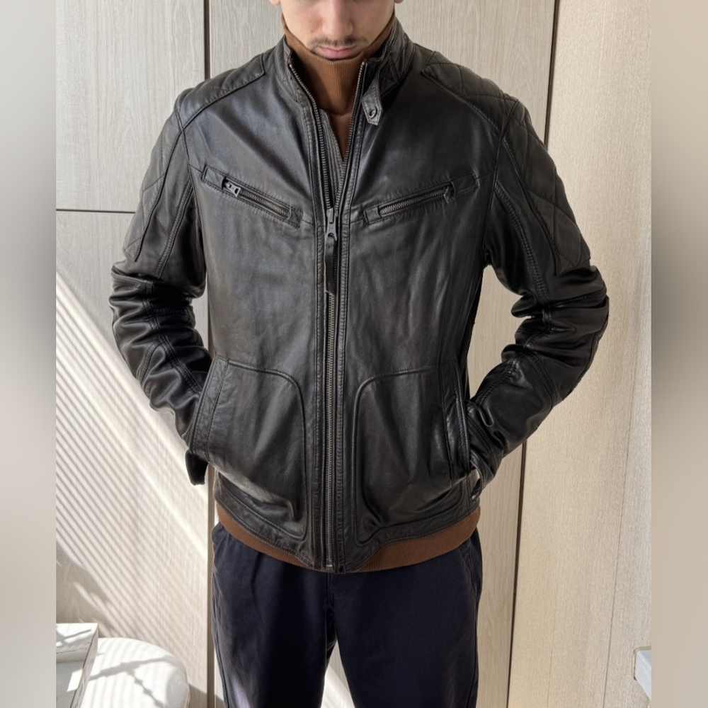 H.E. by Mango Men's Black Leather Moto Jacket Medium